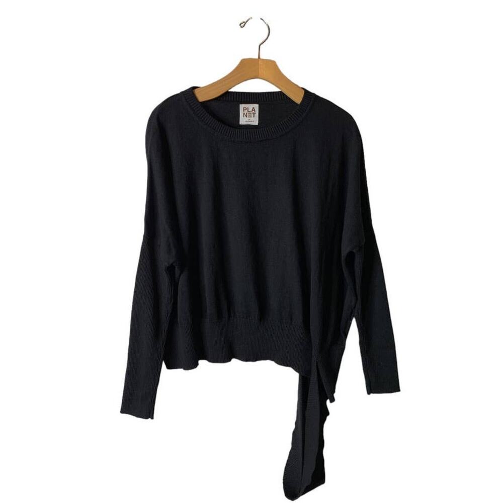 PLANET by Lauren G Black Pima Oversized Crewneck Ribbed Sweater One Size